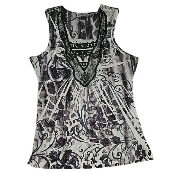 Unity One World Tank Top Size L Boho Sleeveless Scroll Print Lace Whimsigoth - Picture 1 of 7